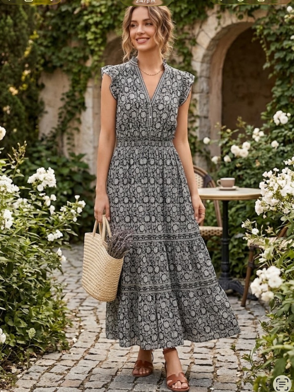 Max Studio Black and White Floral Tiered Maxi Dress